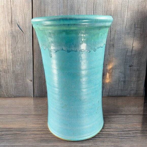 1995 Galena Pottery Company Large Heavy Vase Vessel Turquoise Drip Glaze Signed - Picture 1 of 16